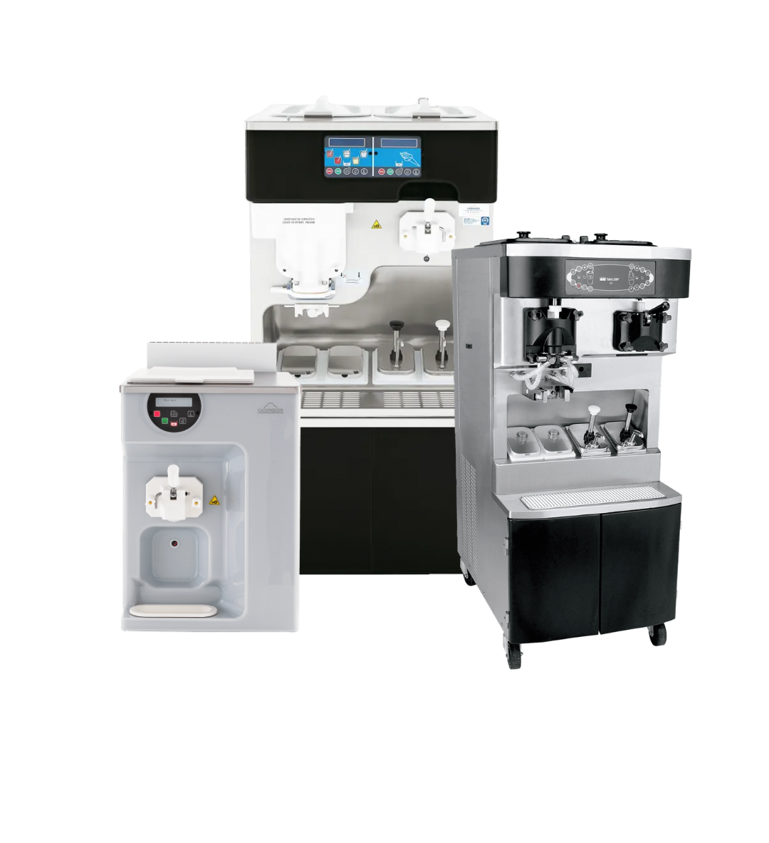Carpigiani softijsmachine, Carpigiani combimachine en Taylor C606 combimachine naast elkaar.